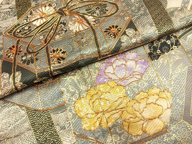 平和屋着物●訪問着 駒刺繍 松竹梅 貝桶扇面花文 金彩 正絹 逸品 AABH4671fy
