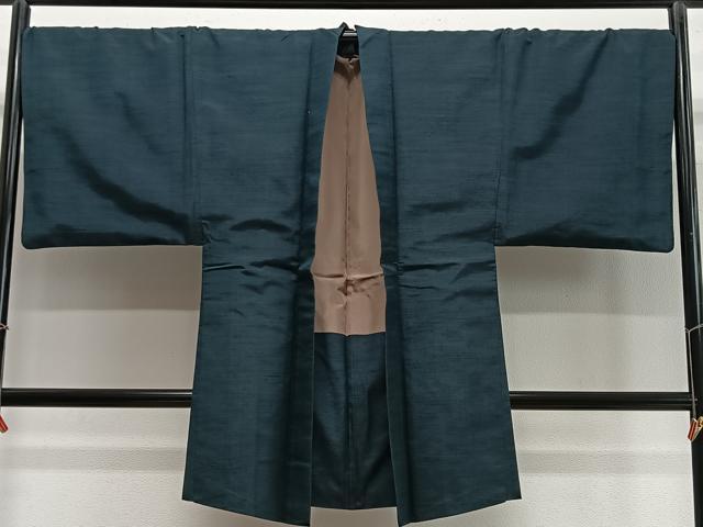 平和屋着物∞男性 長羽織 紬地 高麗納戸色 正絹 逸品 CABE4872ua