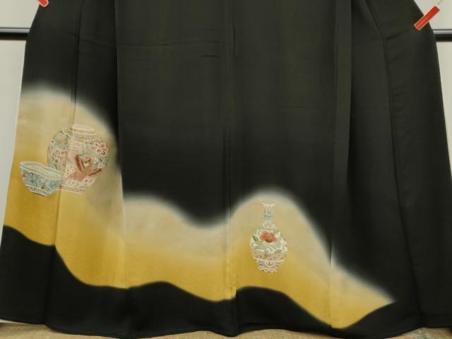 平和屋着物■豪華黒留袖 刺繍 陶器鳳凰更紗花文 暈し染め 金銀彩 正絹 逸品 CABD9932ze