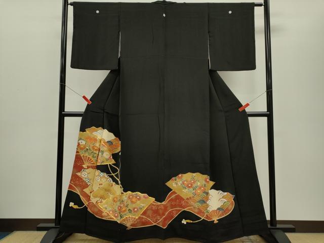 平和屋着物■豪華黒留袖 駒刺繍 扇面吉祥草花文 金彩 正絹 逸品 CABD9941ze