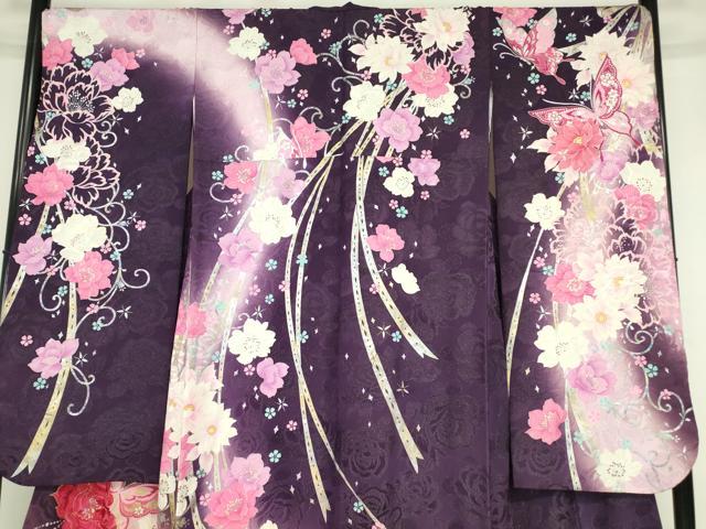 平和屋着物●豪華振袖 舞蝶花文 ラインストーン 暈し染め 金銀彩 銀通し地 正絹 逸品 DABC3941az