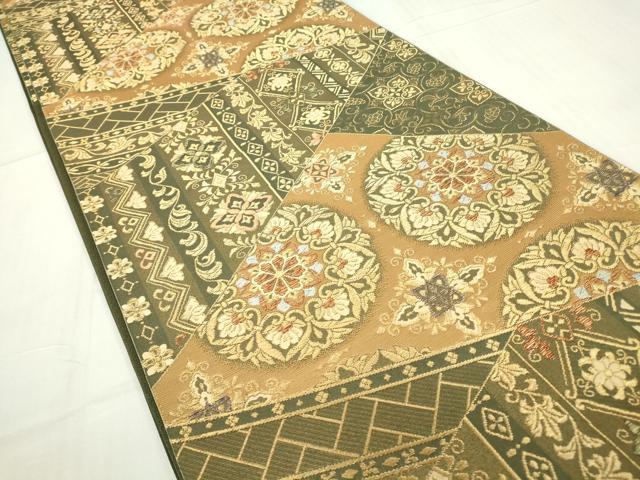 平和屋着物▼六通柄袋帯 正倉院花文 金糸 正絹 逸品 DABC3968az