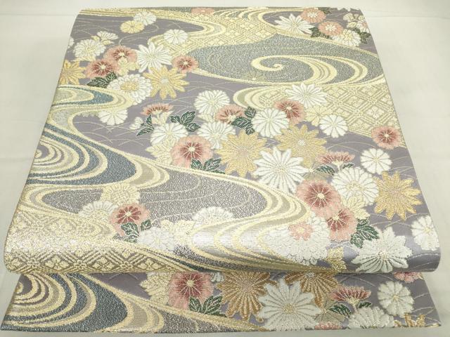 平和屋着物▼六通柄袋帯 流水花文 金銀糸 正絹 逸品 DABC3981az