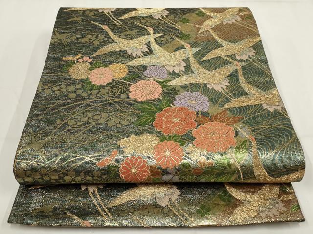 平和屋着物▼六通柄袋帯 飛鶴花文 金糸 正絹 逸品 AABH1681wj