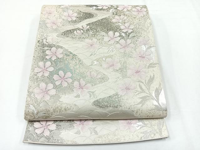 平和屋着物◎六通柄袋帯 草花文 銀糸 正絹 逸品 CABE5671nb