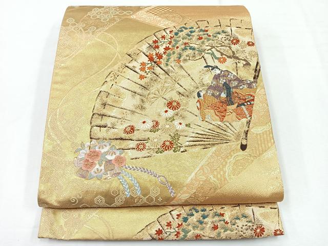 平和屋着物◎六通柄袋帯 彩絵桧扇文 金糸 正絹 逸品 CABE5669nb