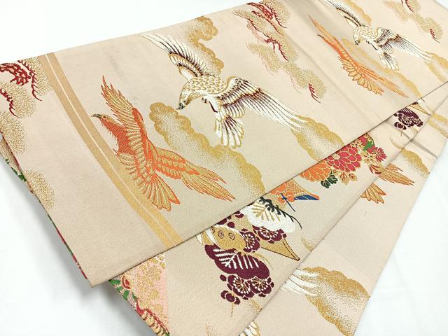 平和屋着物◎アンティーク 大正ロマン 両面 全通柄 丸帯 絵巻飛鶴文 金糸 正絹 逸品 CABE5676nb