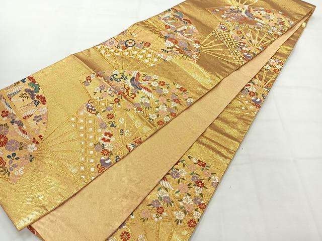 平和屋着物◎佐賀錦 六通柄袋帯 唐織 扇面花鳥文 金糸 正絹 逸品 AABH5453uk