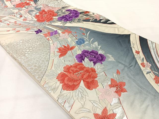 平和屋着物◎六通柄袋帯 唐織 草花文 銀糸 正絹 逸品 AABH5449uk