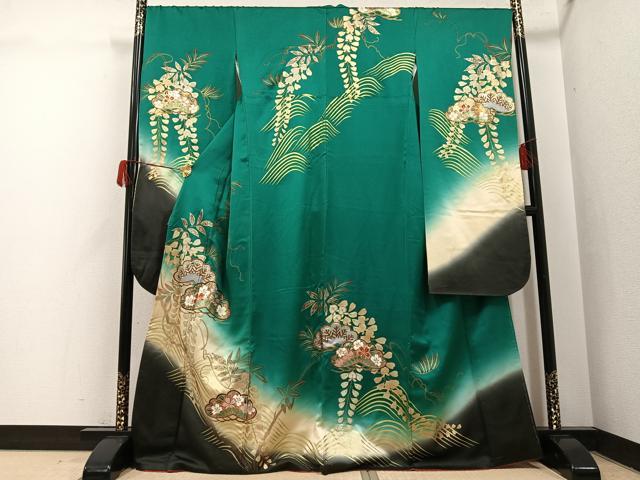 平和屋着物●豪華振袖 草花文 暈し染め 金銀彩 金通し地 正絹 逸品 AABH5370ph