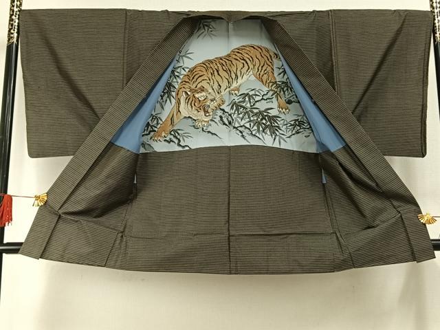 平和屋着物●男性 本場大島紬 アンサンブル 格子 上村絹織物謹製 証紙付き 正絹 逸品 AABH4741fy