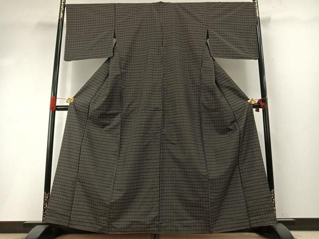 平和屋着物●本場縞大島紬 格子 黒地 正絹 逸品 AABH4743fy