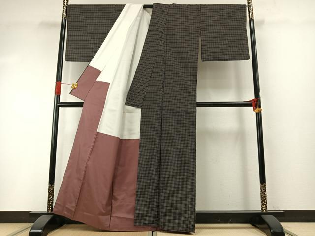 平和屋着物●本場縞大島紬 格子 黒地 正絹 逸品 AABH4743fy