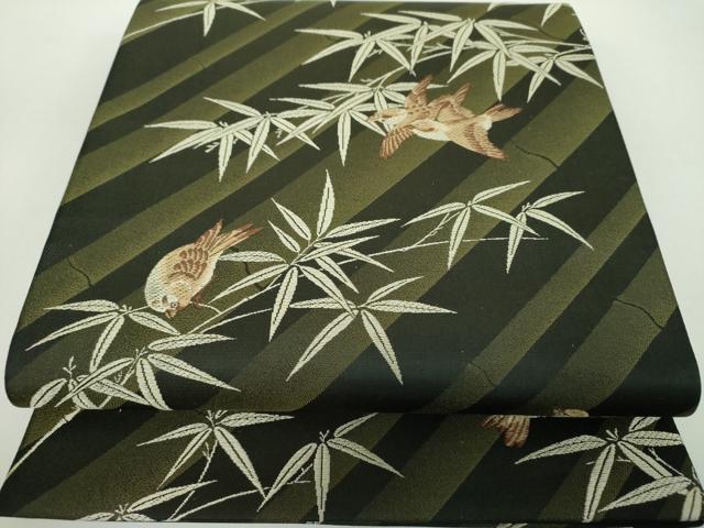 平和屋着物●六通柄袋帯 唐織 笹竹に雀 黒地 正絹 逸品 DABE5057ps