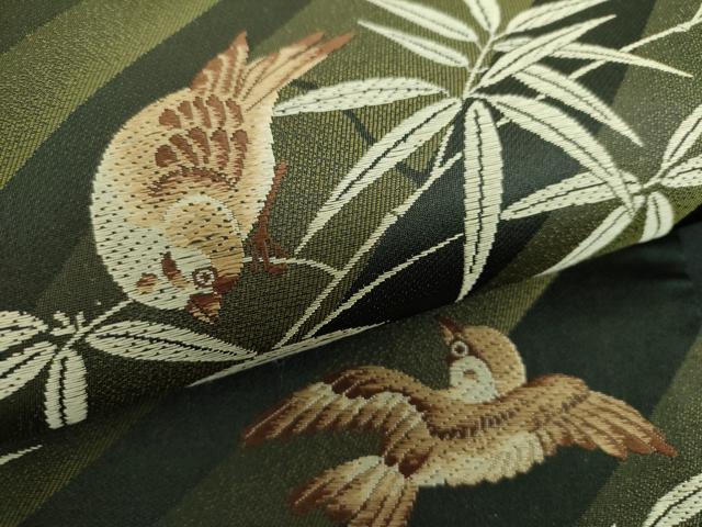 平和屋着物●六通柄袋帯 唐織 笹竹に雀 黒地 正絹 逸品 DABE5057ps