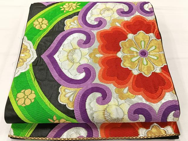 平和屋着物◎六通柄袋帯 唐織 正倉院花文 黒地 金銀糸 正絹 逸品 AABH5485uk