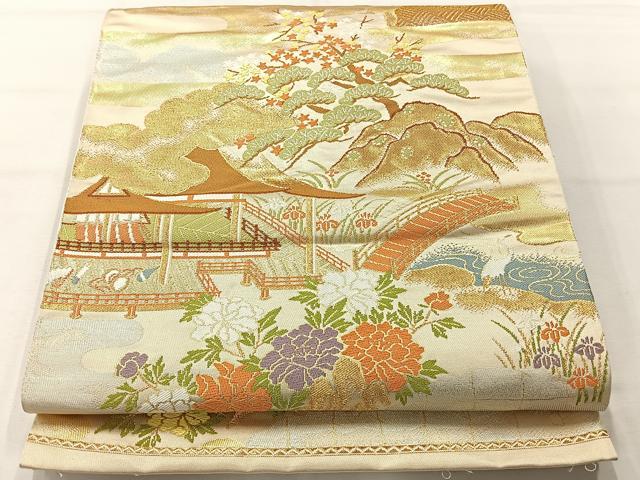 平和屋着物◎六通柄袋帯 唐織 風景花文 金糸 正絹 逸品 AABH5476uk