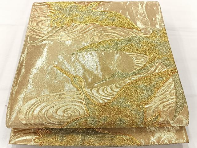 平和屋着物◎六通柄袋帯 駒刺繍 流水飛鶴文 金糸 正絹 逸品 AABH5469uk
