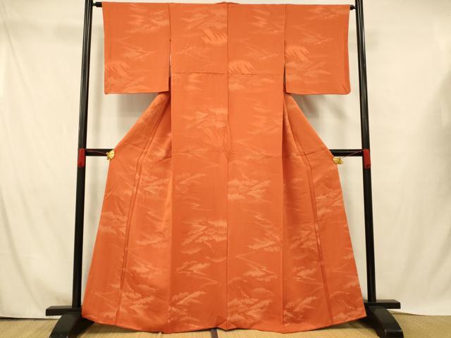 平和屋着物■上質な色無地 風景地紋 赤橙色 正絹 逸品 AABH4453fw