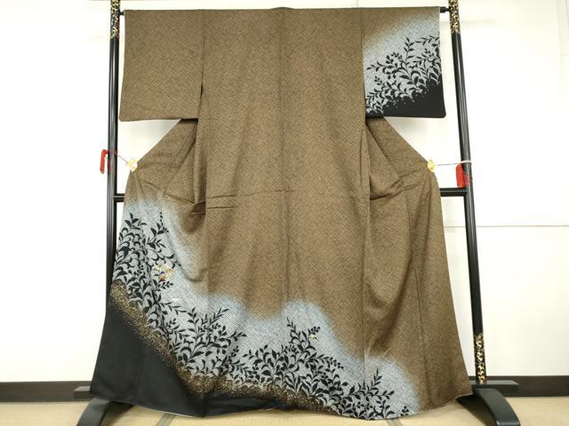 平和屋着物●訪問着 刺繍 鹿の子笹丸文 枝葉シルエット 暈し染め 金彩 金銀糸 正絹 逸品 AABH3742cs