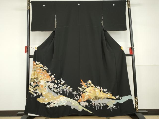 平和屋着物●創業460年・千總 黒留袖 駒刺繍 飛鶴吉祥梅松文 金彩 正絹 逸品 AABH3749cs
