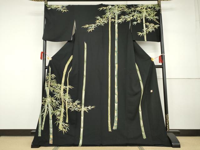 平和屋着物●名門染元 秀美 十日町友禅 龍谷 訪問着 笹竹文 黒地 ロング丈 正絹 逸品 AABH3751cs