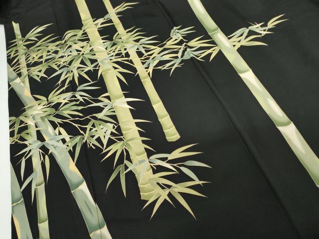 平和屋着物●名門染元 秀美 十日町友禅 龍谷 訪問着 笹竹文 黒地 ロング丈 正絹 逸品 AABH3751cs