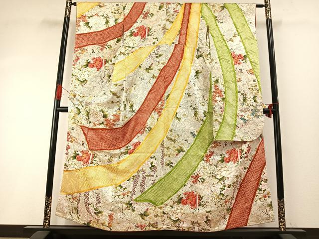 平和屋着物●豪華振袖 駒刺繍 絞り 草花文 金彩 正絹 逸品 AABH4786fy