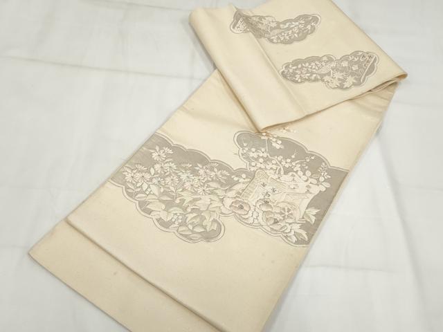 平和屋着物▼総刺繍 袋帯 雲取り御所車花文 銀糸 正絹 逸品 AABH1838wj