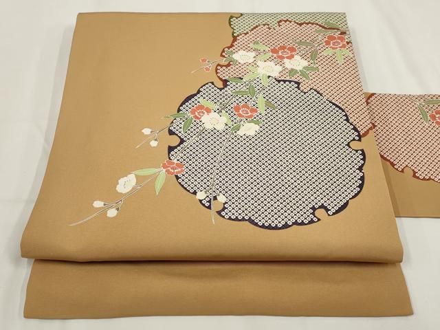 平和屋着物●塩瀬 九寸名古屋帯 友禅 手描き 雪輪花文 正絹 逸品 AABH1836wj