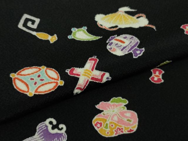 平和屋本店●極上 小紋 宝尽くし 黒地 鬼しぼ縮緬 逸品 DZAA7054kh6
