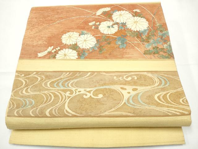 平和屋着物●太鼓柄袋帯　紬地　すくい織　流水菊文　金銀糸　正絹　逸品　CABF5233hy 平和屋着物○太鼓柄袋帯 紬地 すくい織 流水菊文 金銀糸