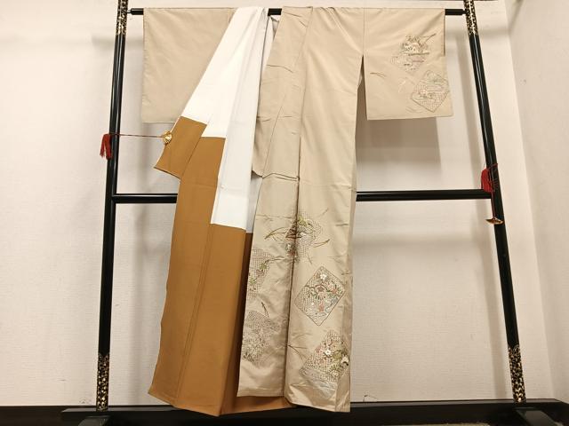 平和屋着物●本場大島紬 訪問着 総刺繍 中国三大刺繍 スワトウ刺繍 汕頭刺繍 松竹梅色紙風景文 正絹 逸品 AABH6922ph