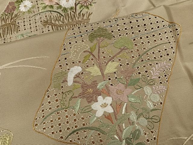 平和屋着物●本場大島紬 訪問着 総刺繍 中国三大刺繍 スワトウ刺繍 汕頭刺繍 松竹梅色紙風景文 正絹 逸品 AABH6922ph