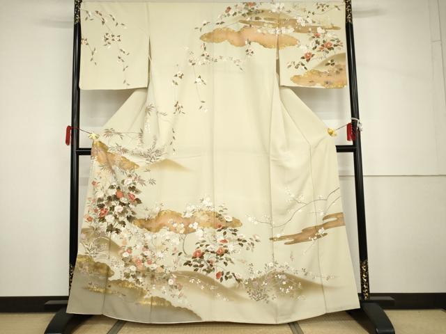 平和屋着物●訪問着　友禅　駒刺繍　雲取枝花文　暈し染め　金彩　正絹　逸品　AABH7176cs 平和屋着物○訪問着 友禅 駒刺繍 雲取枝花文 暈し