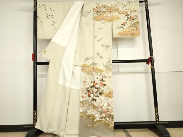 平和屋着物●訪問着 友禅 駒刺繍 雲取枝花文 暈し染め 金彩 正絹 逸品 AABH7176cs