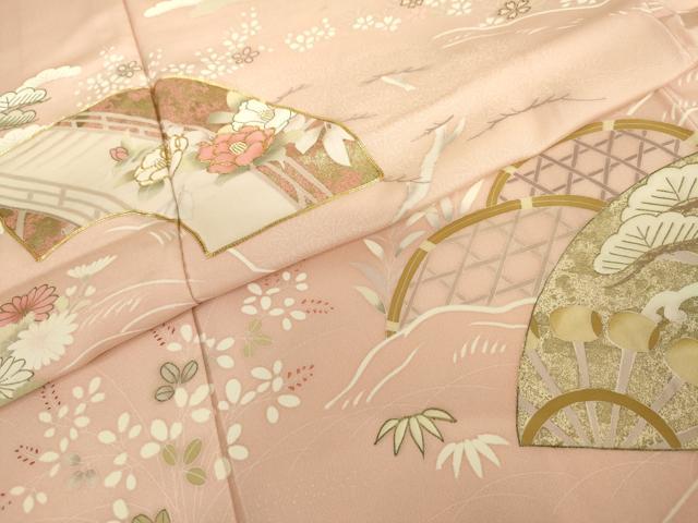 平和屋着物●訪問着 友禅 駒刺繍 地紙風景花松船文 金彩 正絹 逸品 AABH7179cs