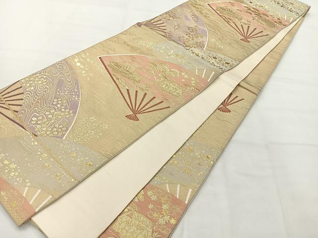 平和屋着物◎六通柄袋帯 扇面風景文 金糸 正絹 逸品 AABH5521uk