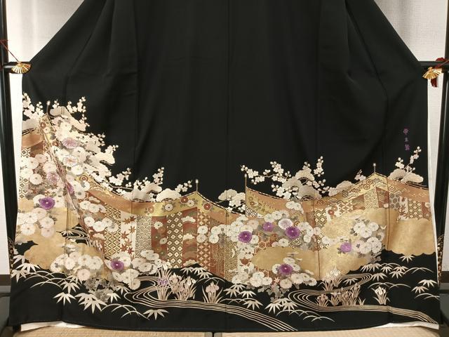 平和屋着物●京の名門 じゅらく謹製 帝王紫 黒留袖 駒刺繍 松竹梅 金糸 金彩 正絹 逸品 AABH4821fy