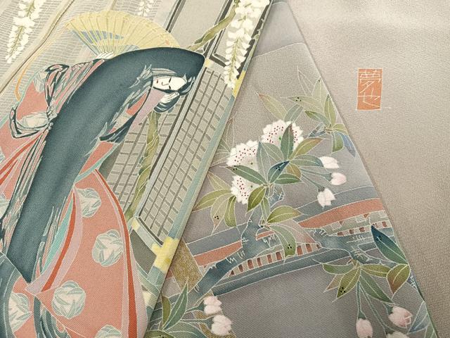 平和屋着物●訪問着 友禅 作家物 夢也 御所車女人花文 暈し染め 正絹 逸品 AABH6930ph