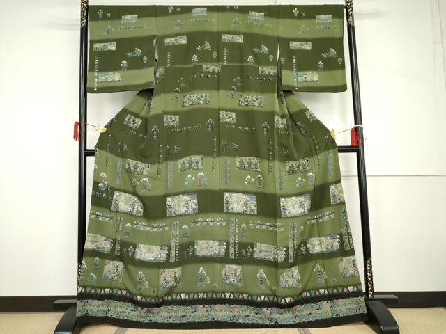 平和屋着物●訪問着 中国三大刺繍 スワトウ刺繍 汕頭刺繍 人物壁画飾花文 暈し染め 金糸 正絹 逸品 AABH7199cs