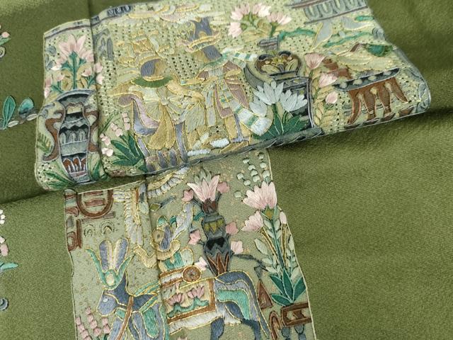平和屋着物●訪問着 中国三大刺繍 スワトウ刺繍 汕頭刺繍 人物壁画飾花文 暈し染め 金糸 正絹 逸品 AABH7199cs
