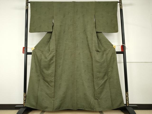 平和屋着物●上質な色無地 芝葉地紋 老竹色 正絹 逸品 AABH7240cs