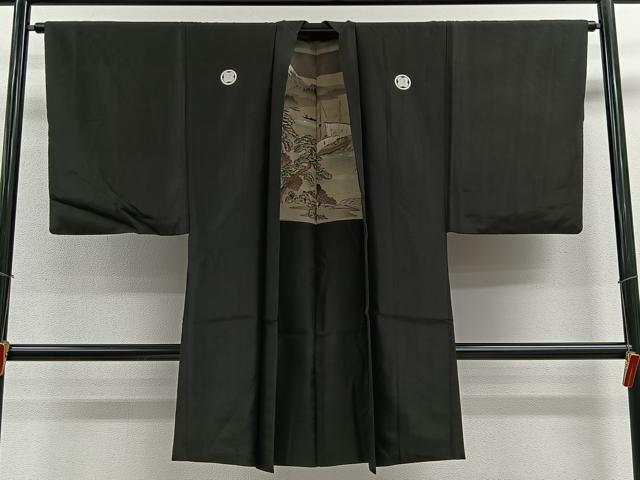 平和屋着物∞男性 長羽織 紬地 黒紋付 羽裏:風景文 正絹 逸品 CABE4960ua
