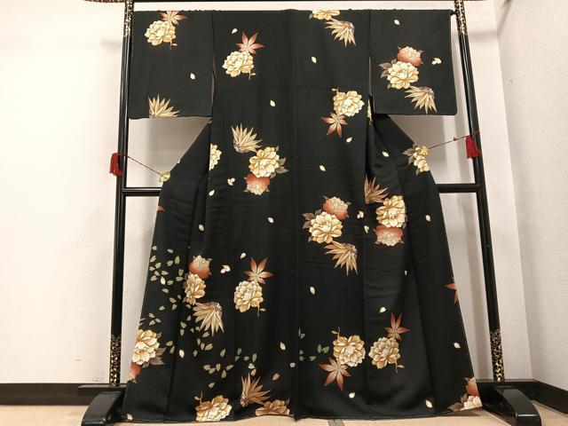 平和屋着物●訪問着 草花文 黒地 金彩 正絹 逸品 未使用 AABH8266ph