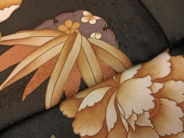 平和屋着物●訪問着 草花文 黒地 金彩 正絹 逸品 未使用 AABH8266ph