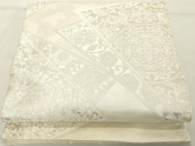 平和屋着物◎六通柄袋帯 幾何学花文 銀糸 正絹 逸品 DABE2892cd