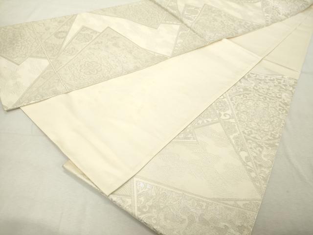 平和屋着物◎六通柄袋帯 幾何学花文 銀糸 正絹 逸品 DABE2892cd