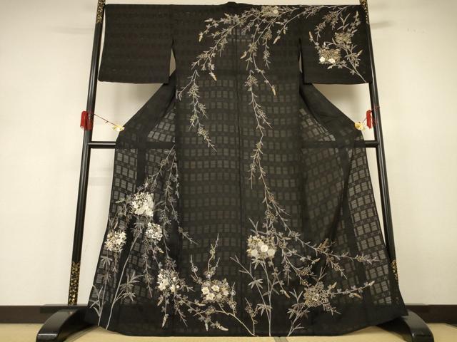 平和屋着物＊夏物 訪問着 紗 刺繍 草花文 金銀糸 正絹 逸品 AABH6534jd