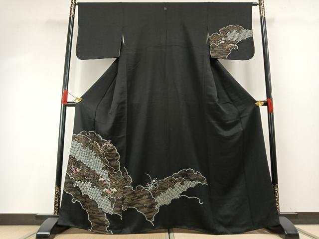 平和屋着物●訪問着　絞り　刺繍　草花文　黒地　金彩　正絹　逸品　AABH4921fy 平和屋着物○訪問着 絞り 刺繍 草花文 黒地 金彩 正絹 逸品 AABH4921fy